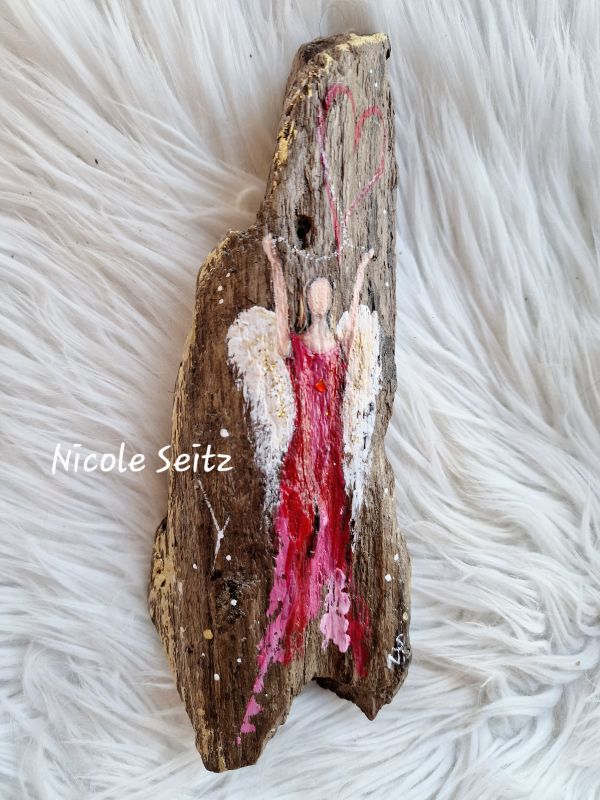 Schutzengel auf Treibholz gemalt * 20 x 7 x 3,5 cm * Treibholz Bodensee * Rot * Herz